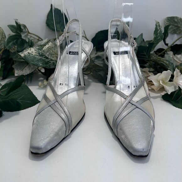 Stuart Weitzman Lame Dressy Pumps Size 8.5 Silver Matte Slingback Mesh Detail - Picture 1 of 16